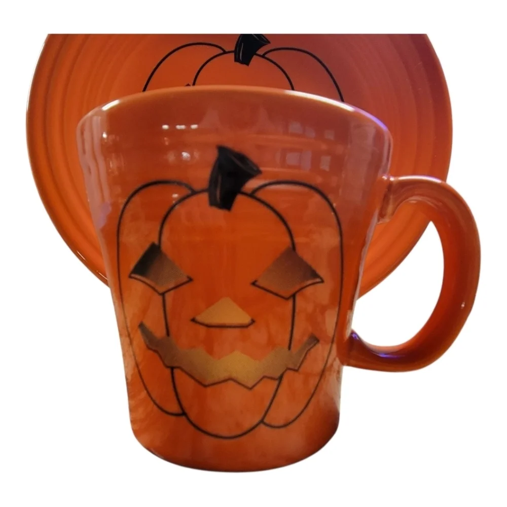 Fiesta Halloween Spooky Glowing Pumpkin Tapered Mug and Luncheon Plate Set